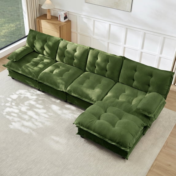 MIKIBAMA 138" Green L Shaped Chenille Modular Sectional Sofa Cloud Design Button Seat Cushions With Movable Ottomans Solid Wood Frame for Living Room,4-Seat