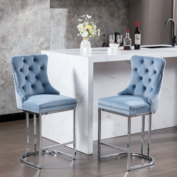 MIKIBAMA Counter Height Modern Velvet Barstools, Light Blue (Set of 2)