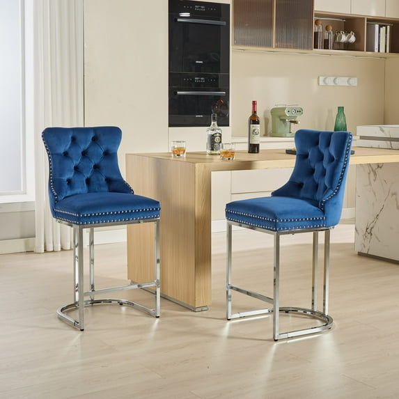 MIKIBAMA Counter Height Barstools Set of 2, Modern Velvet Tufted Fabric with Backs, Blue