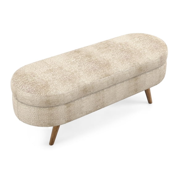 MIKIBAMA 43.5 Inch Brown Oval Boucle Storage Ottoman Bench Rubber Wood Legs for Living Room Bedroom Entryway
