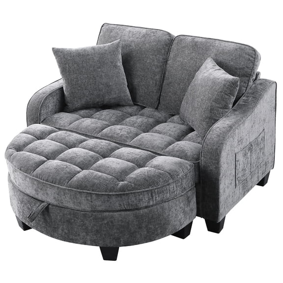 MIKIBAMA 51 Inch Grey Oversized Chenille Chaise Lounge Chair Tufted Convertible Design Adjustable Backrest With Ottoman for Small Spaces