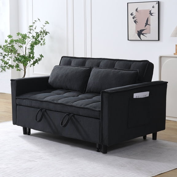 MIKIBAMA 55" Corduroy 3 In 1 Convertible Sofa Bed with Side Pockets & Adjustable Backrest, Dark Gray