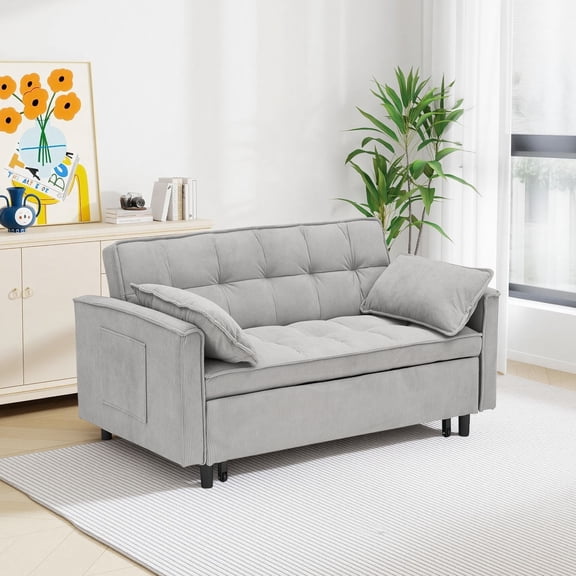 MIKIBAMA 55" Corduroy 3 In 1 Convertible Sofa Bed with Side Pockets & Adjustable Backrest, Light Gray