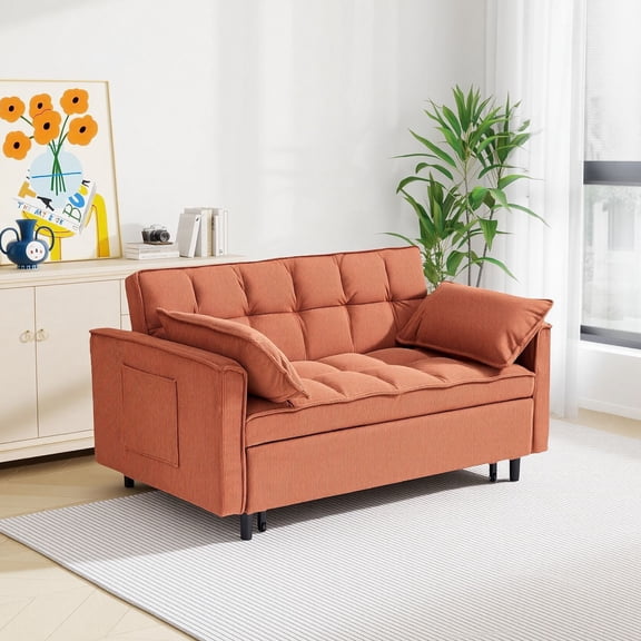 MIKIBAMA 55" Corduroy 3 In 1 Convertible Sofa Bed with Side Pockets & Adjustable Backrest, Orange