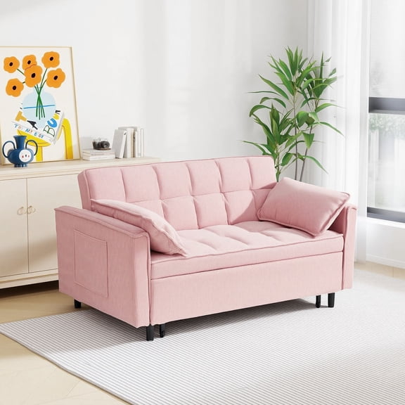 MIKIBAMA 55" Corduroy 3 In 1 Convertible Sofa Bed with Side Pockets & Adjustable Backrest, Pink