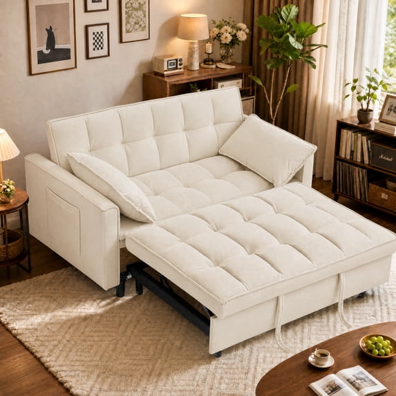 MIKIBAMA 55" Velvet 3 In 1 Convertible Sofa Bed with Side Pockets & Adjustable Backrest, Perfect for Living Room,Beige