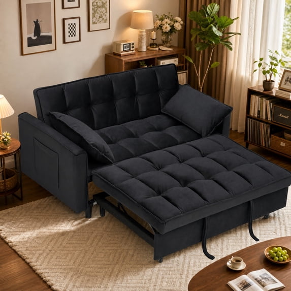 MIKIBAMA 55" Velvet 3 In 1 Convertible Sofa Bed with Side Pockets & Adjustable Backrest, Perfect for Living Room,Black