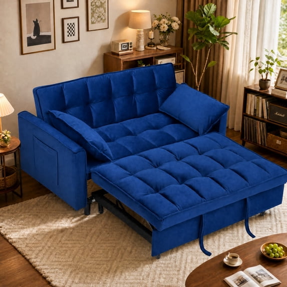 MIKIBAMA 55" Velvet 3 In 1 Convertible Sofa Bed with Side Pockets & Adjustable Backrest, Perfect for Living Room,Blue