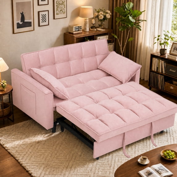 MIKIBAMA 55" Velvet 3 In 1 Convertible Sofa Bed with Side Pockets & Adjustable Backrest, Perfect for Living Room,Pink