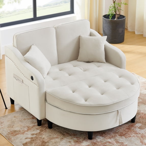 MIKIBAMA 57" Beige Polyester Oversized Curved Chaise Lounge with USB Charging Port and Ottoman for Living Room Bedroom