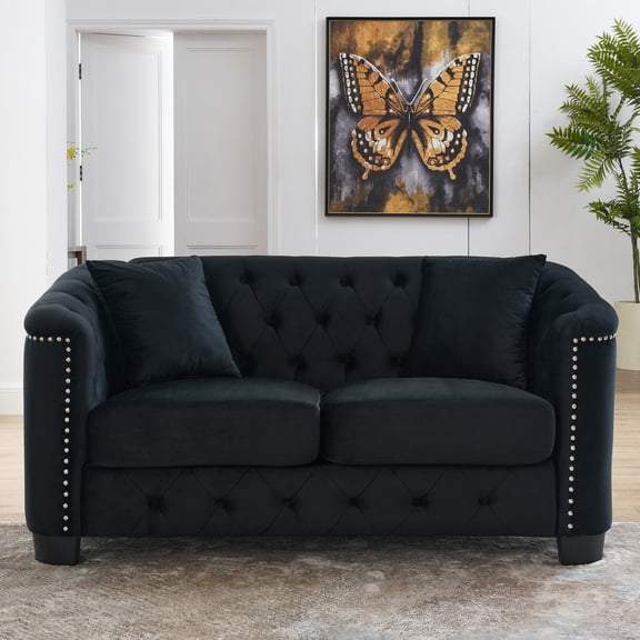 MIKIBAMA 59-Inch Chesterfield Velvet Sofa, 2-Seater Tufted Couch with Nailhead Trim, Black Upholstered Sofa for Living Room, Apartment