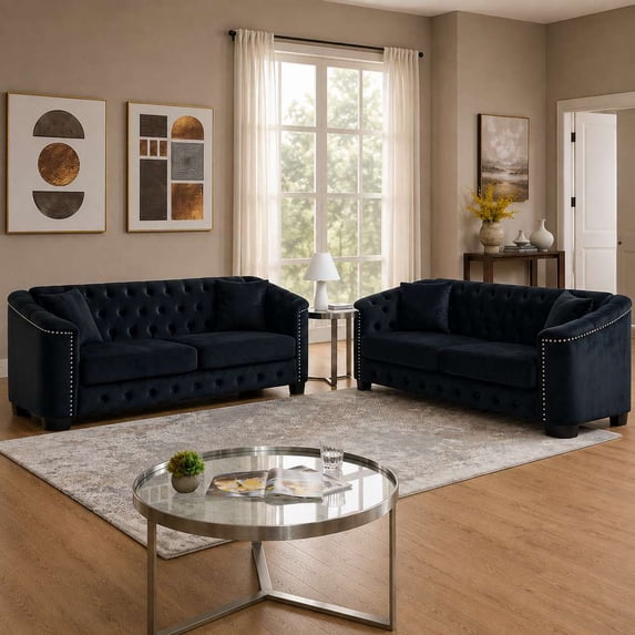 MIKIBAMA 6-Seater Velvet Chesterfield Sofa, Deep Seat Cushions, Tufted Back, Brass Nailhead Trim, Black