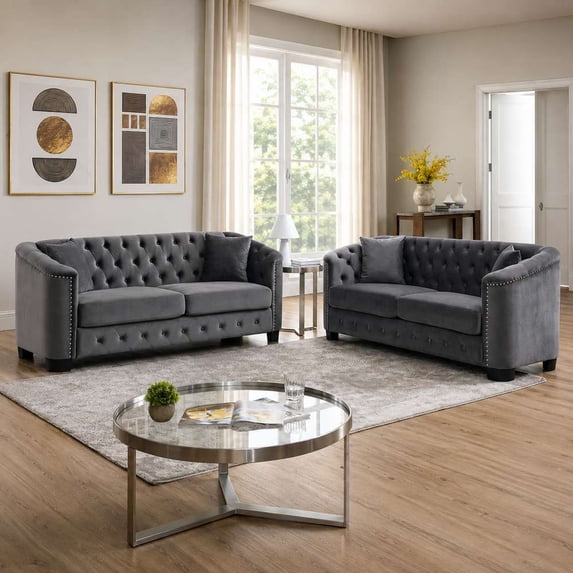 MIKIBAMA 6-Seater Velvet Chesterfield Sofa, Deep Seat Cushions, Tufted Back, Brass Nailhead Trim, Gray