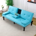 thumbnail image 1 of MIKIBAMA 67 Inch Blue PU Leather Modern Convertible Futon Sofa Bed Removable Armrests Built In Cup Holders Space Saving for Living Room, 1 of 7