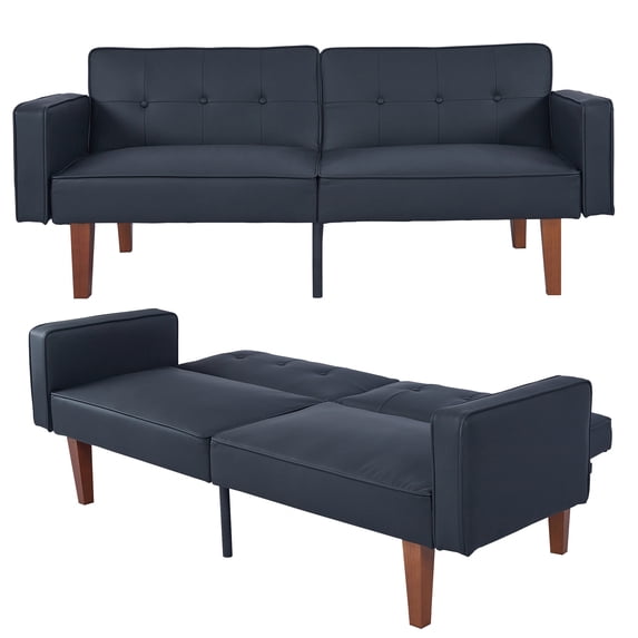 MIKIBAMA 68.11 Inch Black 2 Seat Fabric Mid Century Modern Convertible Futon Sofa Bed Tufted Split Back With Solid Wood Legs for Small Spaces