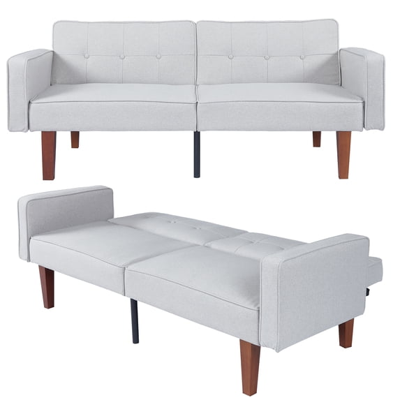 MIKIBAMA 68.11 Inch Grey 2 Seat Fabric Mid Century Modern Convertible Futon Sofa Bed Tufted Split Back With Solid Wood Legs for Small Spaces