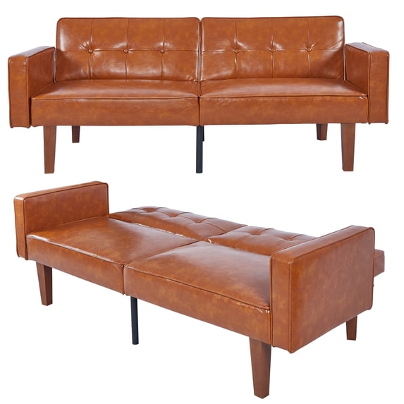 MIKIBAMA 68.Inch Brown 2 Seat PU Leather Mid Century Modern Convertible Futon Sofa Bed Tufted Split Back With Solid Wood Legs for Small Spaces