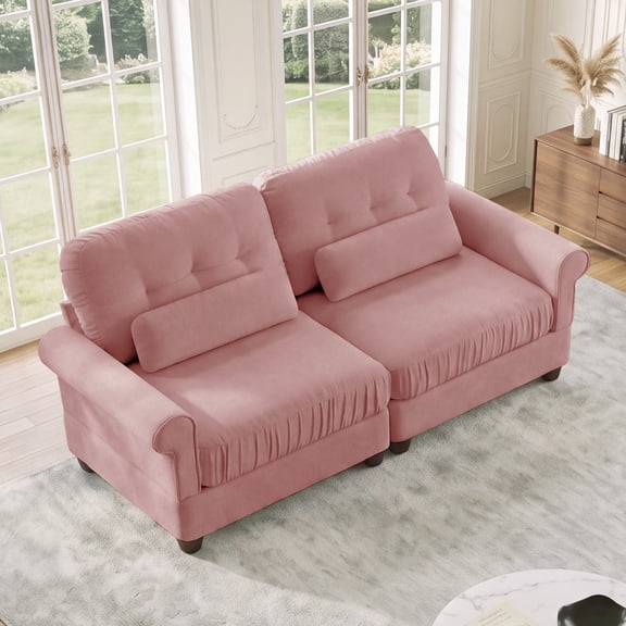 MIKIBAMA 69.2" Modern Farmhouse Chenille Loveseat, 2 Seater Upholstered Sofa with Rolled Arms, Tufted Back and Solid Wood Legs,Pink