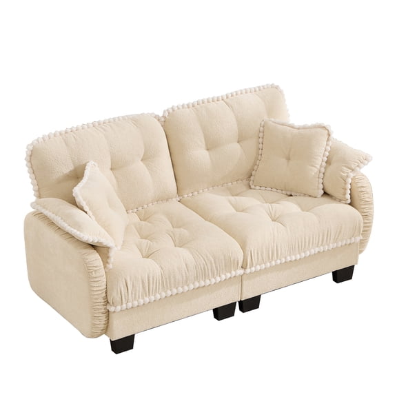 MIKIBAMA 70" Beige Chenille Modular Cloud Loveseat, 2 Seat Quilted Tufted Deep Seat Upholstered Sofa with Pom‑Pom Trim for Living Room, Small Spaces