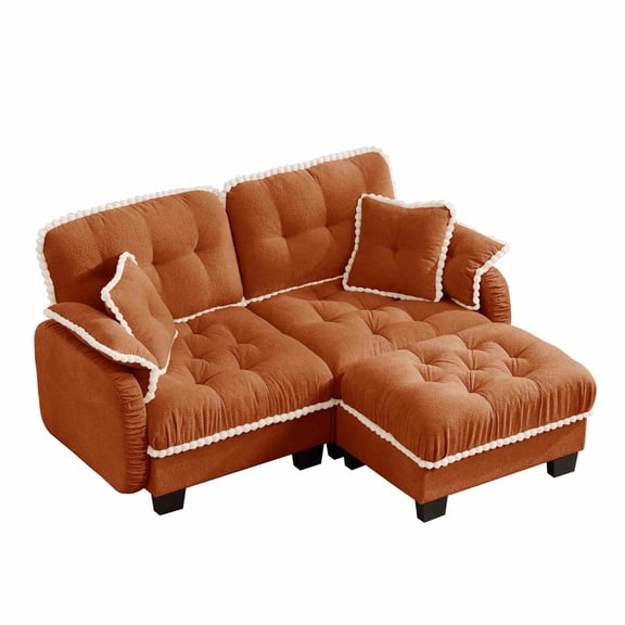 MIKIBAMA 70" Orange Chenille L‑Shape Modular Cloud Loveseat, 2‑Seat Quilted Tufted Deep Seat Sofa with Ottoman & Pom‑Pom Trim for Living Room Small Spaces