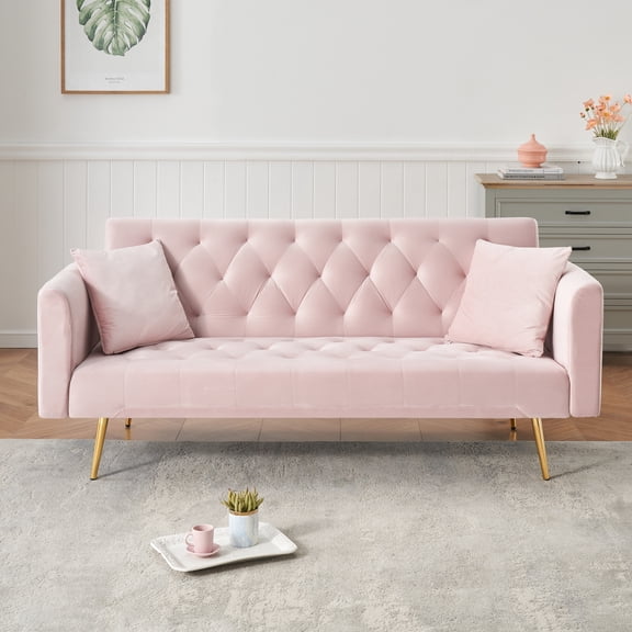 MIKIBAMA 71 Inch Pink Velvet Convertible Sofa Bed Tufted Golden Chrome Legs with 2 Pillows for Small Living Room
