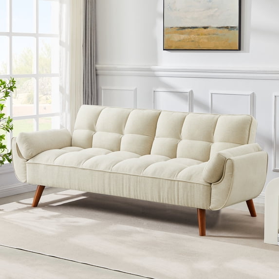 MIKIBAMA 75" Beige 3 Seat Linen Convertible Futon Sofa Bed Tufted Design Adjustable Backrests With Solid Wood Legs for Small Spaces