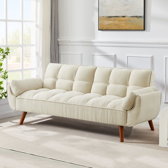 MIKIBAMA 75" Beige 3 Seat Linen Convertible Futon Sofa Bed Tufted Design Adjustable Backrests With Solid Wood Legs for Small Spaces