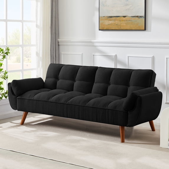 MIKIBAMA 75" Black 3 Seat Linen Convertible Futon Sofa Bed Tufted Design Adjustable Backrests With Solid Wood Legs for Small Spaces