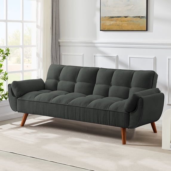 MIKIBAMA 75" Dark Gray 3 Seat Linen Convertible Futon Sofa Bed Tufted Design Adjustable Backrests With Solid Wood Legs for Small Spaces
