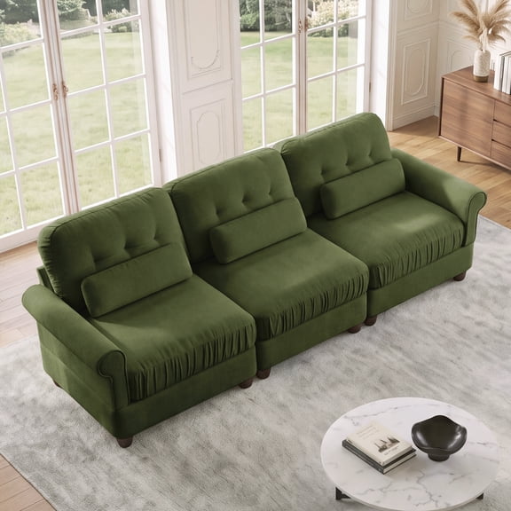 MIKIBAMA 98" Modern Farmhouse Chenille Sofa, 3 Seater Upholstered Couch with Rolled Arms and Tufted Back,Green