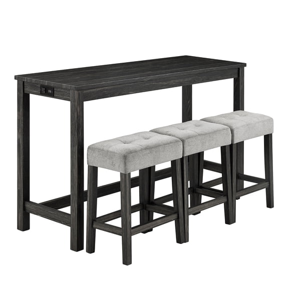 MIKIBAMA Black Wood Bar Table Set with Power Outlet, 4 piece Dining Table Set with Stools for Small Kitchen Pub