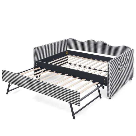 MIKIBAMA Black Full Size Gingham Upholstered Daybed with Pull‑Out Trundle, Solid Wood Frame, Side Storage Pockets, Sofa Bed for Guest Bedroom