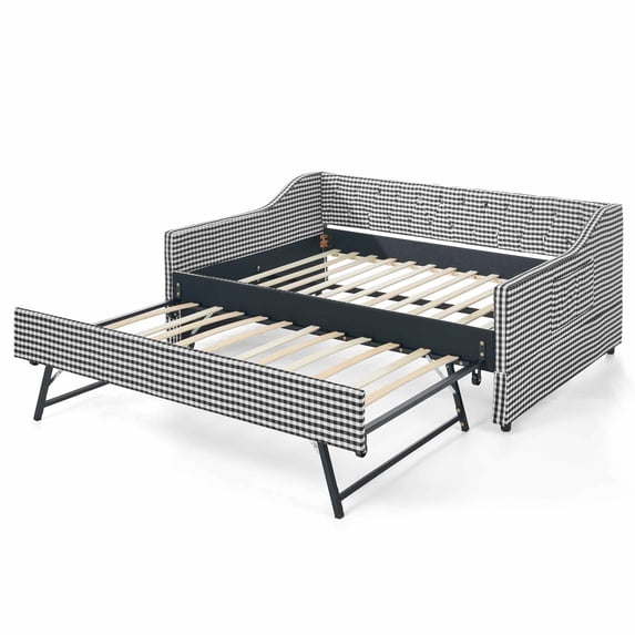 MIKIBAMA Black Full Size Gingham Upholstered Daybed with Pull‑Out Trundle, Solid Wood Frame, Side Storage Pockets, Sofa Bed for Guest Bedroom