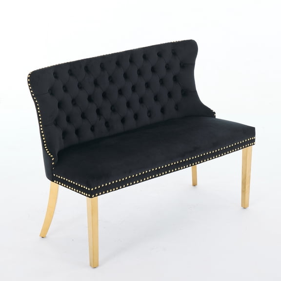 MIKIBAMA Black Tufted Loveseat Velvet Dining Bench with Back Gold Metal Legs Nailhead Trim for Dining Room