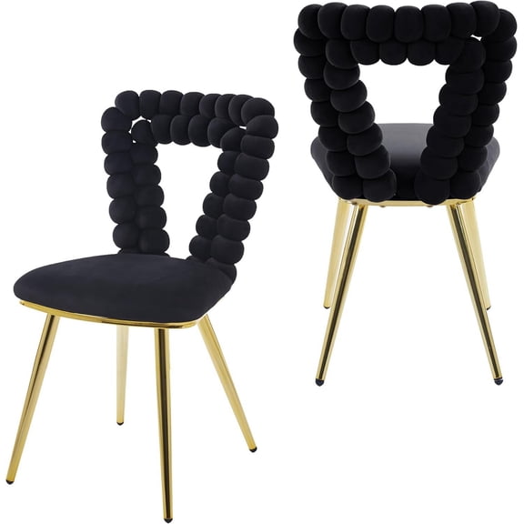 MIKIBAMA Black Velvet Dining Chairs Set of 2, Upholstered Armless Accent Chairs with Hairball Backrest and Gold Legs for Kitchen Living Room Bedroom