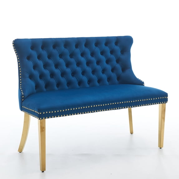 MIKIBAMA Blue Tufted Loveseat Velvet Dining Bench with Back Gold Metal Legs Nailhead Trim for Dining Room