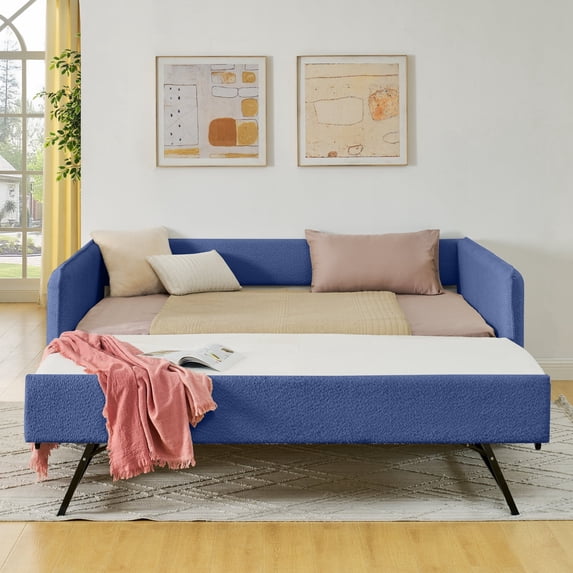 MIKIBAMA Blue Boucle Fabric Full Size Daybed with Trundle Sofa Bed
