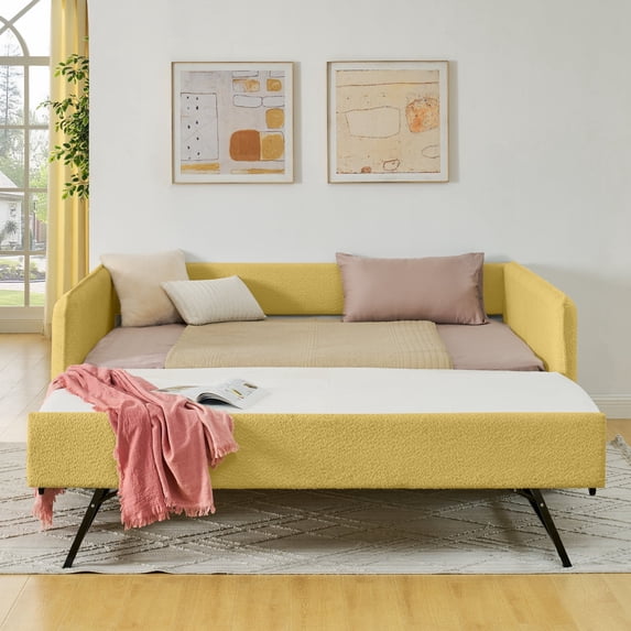 MIKIBAMA Yellow Boucle Fabric Full Size Daybed with Trundle Sofa Bed