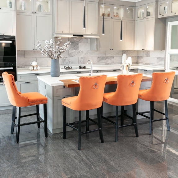 MIKIBAMA Orange Velvet Upholstered Barstools with Button Tufted, Wooden Legs, Chrome Nailhead Trim, Set of 4, Counter Height