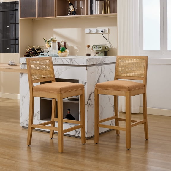 MIKIBAMA Counter Height Bar Stools Set of 2, Rattan Back, Linen Seat