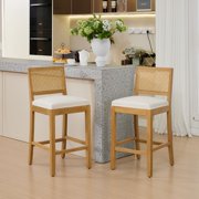 MIKIBAMA Counter Height Bar Stools Set of 2, Rattan Back, Linen Seat