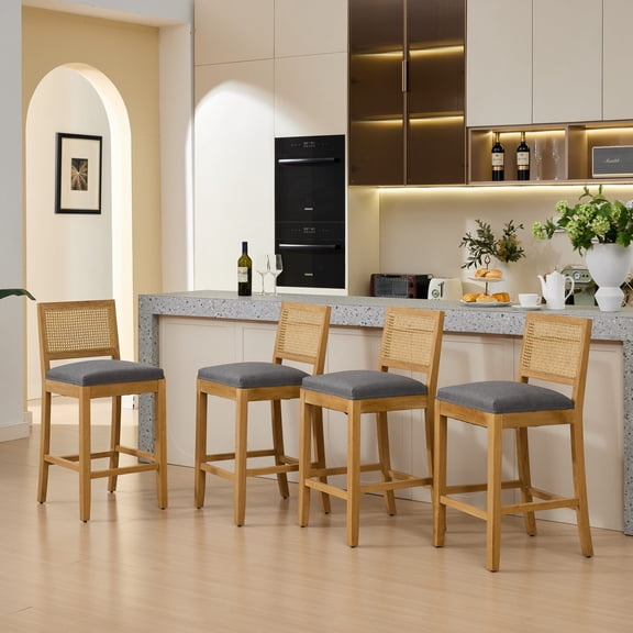 MIKIBAMA Counter Height Bar Stools Set of 4, Rattan Back, Linen Seat