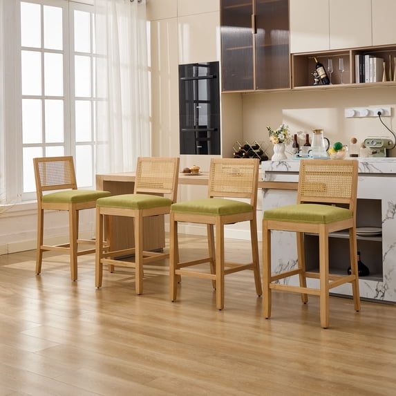MIKIBAMA Counter Height Bar Stools Set of 4, Rattan Back, Linen Seat