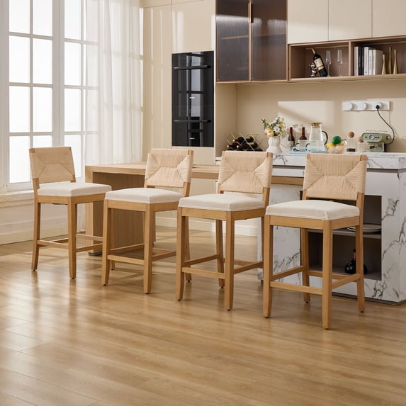 MIKIBAMA Counter Height Bar Stools Set of 4, Rattan Back, Linen Seat