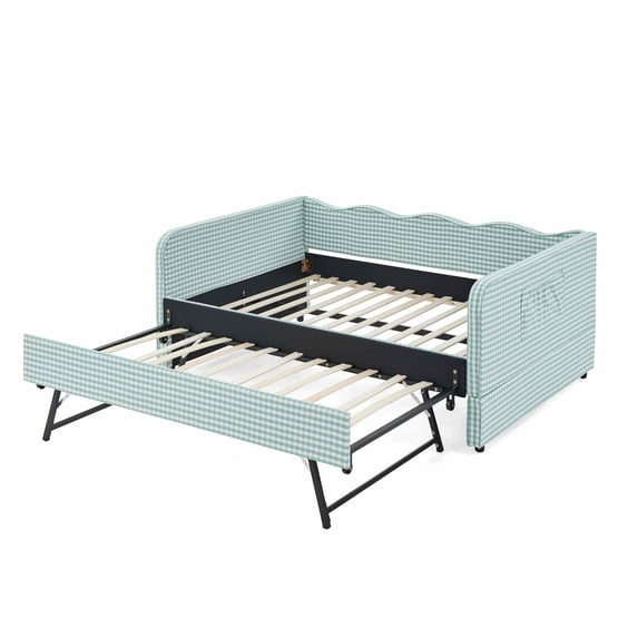 MIKIBAMA Cyan Full Size Gingham Upholstered Daybed with Pull‑Out Trundle, Solid Wood Frame, Side Storage Pockets, Sofa Bed for Guest Bedroom