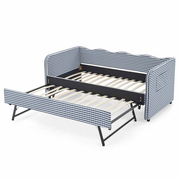 MIKIBAMA Blue Twin Size Gingham Upholstered Daybed with Pull‑Out Trundle, Solid Wood Frame, Side Storage Pockets, Sofa Bed for Guest Bedroom