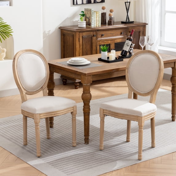 MIKIBAMA French Country Linen Dining Chairs Set of 2 Upholstered Dining Room Chairs with Round Back and Wood Legs