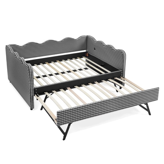 MIKIBAMA Full Size Gingham Upholstered Daybed with Trundle and USB Port