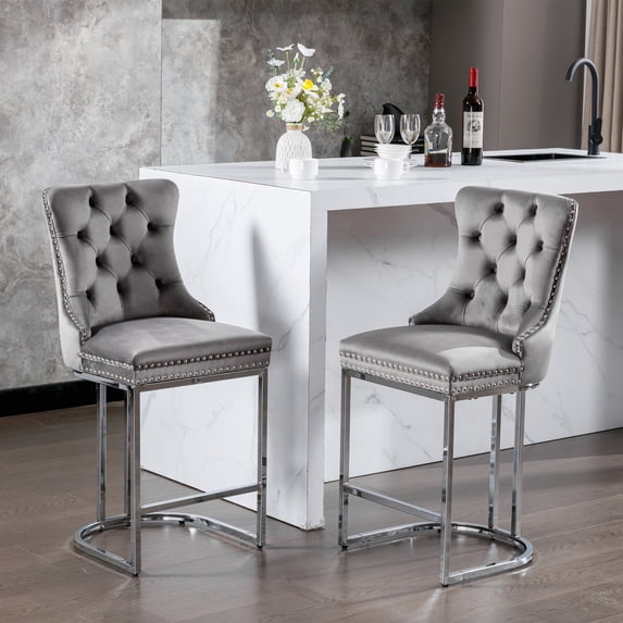 MIKIBAMA Gray Velvet Barstools with Backs, Counter Height, Modern, Tufted, Set of 2