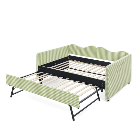 MIKIBAMA Green Full Size Gingham Upholstered Daybed with Pull‑Out Trundle, Solid Wood Frame, Side Storage Pockets, Sofa Bed for Guest Bedroom